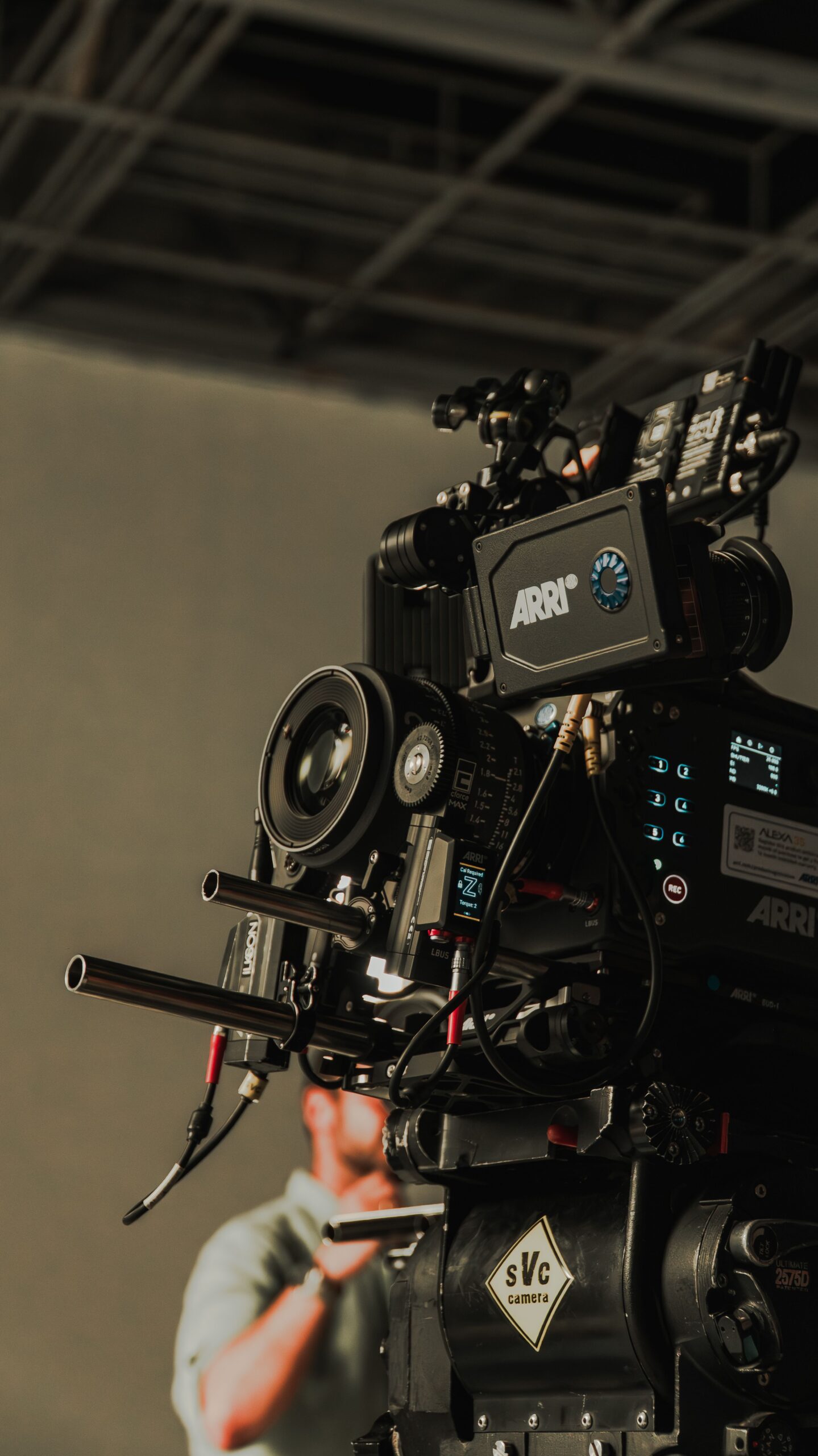 Detailed shot of a high-end cinema camera rig used in film production.